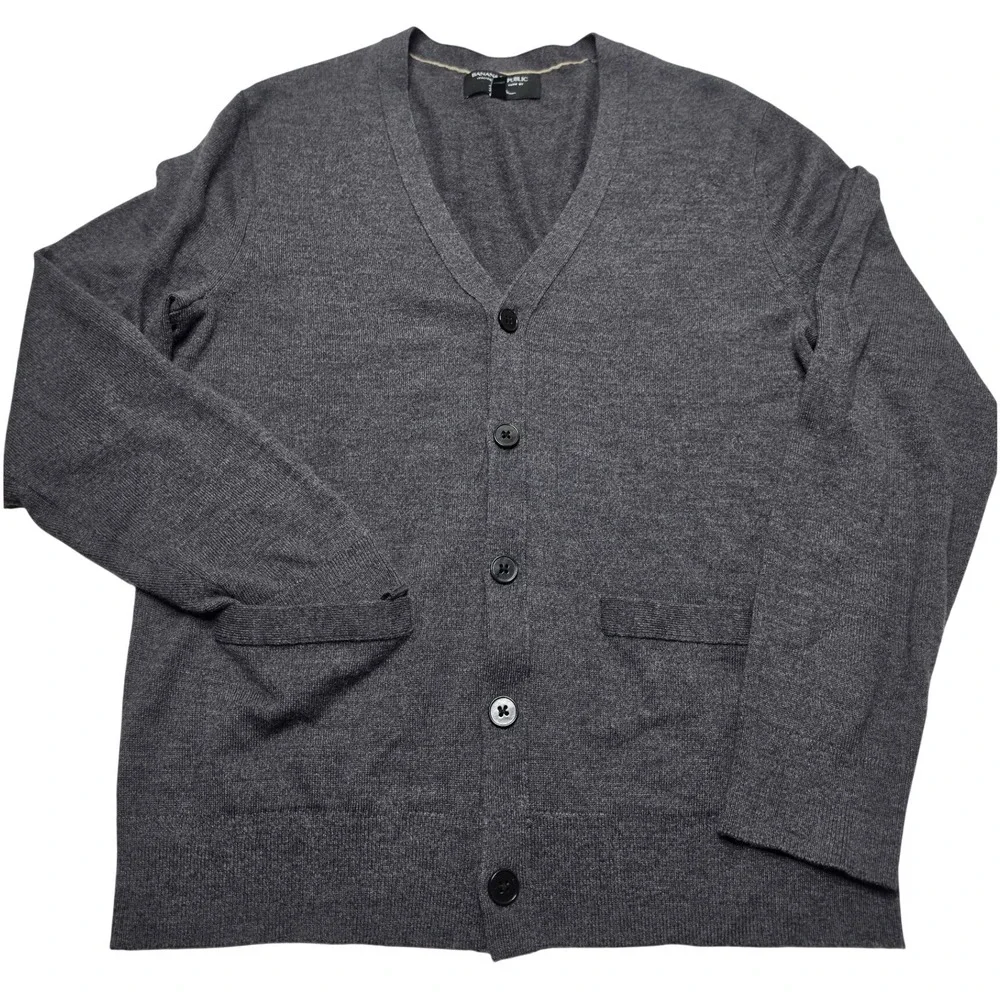 Banana Republic Mens Small Gray Italian Merino Wool V-Neck Cardigan Sweater
